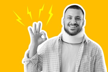 Handsome young man with neck splint showing OK gesture on yellow background