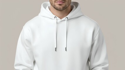 Close-up of a man wearing a blank white hoodie. Casual apparel mockup for branding or design print, isolated on a clean studio background for placing your logo or text.