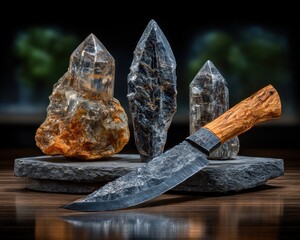 Crystals and knife on stone display