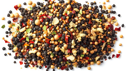 Pile of gourmet spice blend including black peppercorns mustard seeds and dried herbs creating intense aroma for culinary dishes