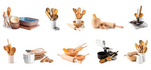Set of baking utensils on white background