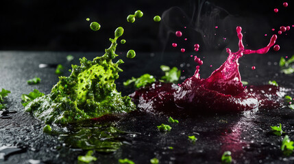Vibrant green chimichurri and deep magenta beetroot sauce splashing on a matte black surface, adding herbaceous and striking contrasts,