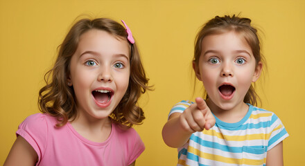 Excited girls with open mouths against yellow background. Pure childhood joy and friendship. Children entertainment and social interaction campaigns