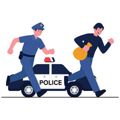 Emergency Services Illustration. Vector illustration of A police officer chases a suspect running away with a bag near a patrol car. Isolated on background