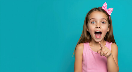 Surprised girl pointing finger with open mouth in pink bow headband and tank top against turquoise background. Childhood amazement and discovery for educational content and announcement promotions