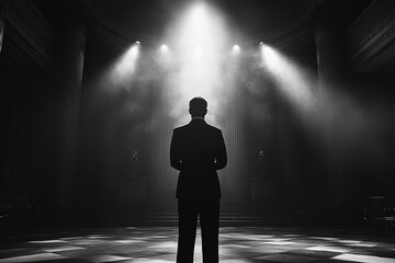 Male speaker delivers an inspiring talk in a grand conference hall filled with anticipation and focus, creating a powerful atmosphere for engagement and learning during the event