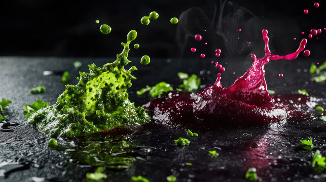 Vibrant green chimichurri and deep magenta beetroot sauce splashing on a matte black surface, adding herbaceous and striking contrasts,