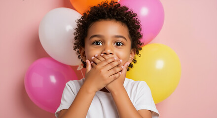 Surprised African American boy covering mouth with hands against colorful balloons background. Secret and amazement gestures. Birthday parties and celebration campaigns