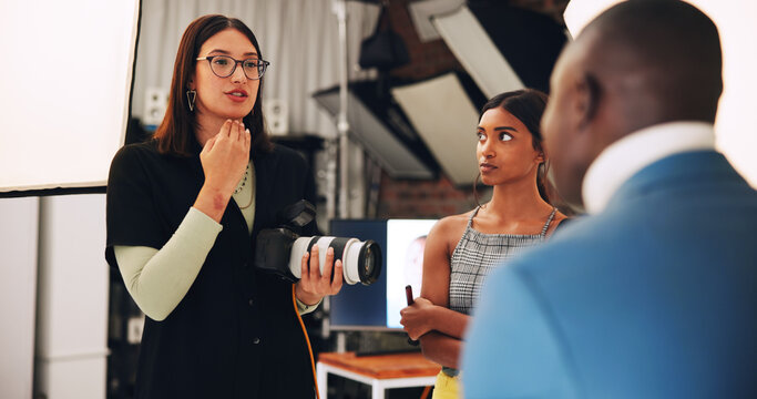 People, photographer and direction with model for photoshoot, planning and backstage. Women, technology and camera for filming production, videography and photography internship for digital agency