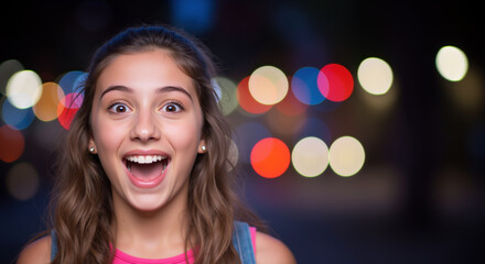 Excited teenage girl with open mouth and wide eyes against colorful bokeh lights background. Pure amazement and joy for party celebrations and night event promotions