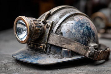 Close-up of worn miners helmet with attached headlamp, coal dust texture, industrial detail, 