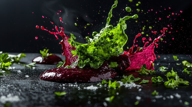 Vibrant green chimichurri and deep magenta beetroot sauce splashing on a matte black surface, adding herbaceous and striking contrasts,
