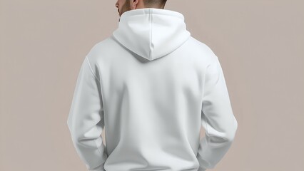 Back view of a man wearing a blank white hoodie. A versatile apparel mockup for branding and design placement, isolated on a clean, neutral background for your logo or text.
