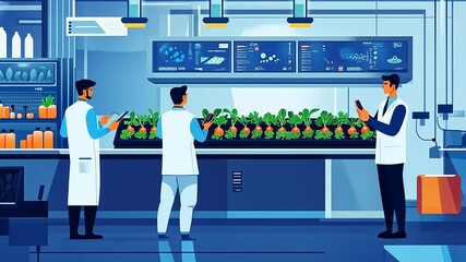Scientists in lab coats analyzing hydroponic plants in a modern agricultural research facility