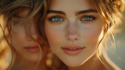 tender sunset moment between two people with intimate gaze and soft light, romantic atmosphere with copy space 