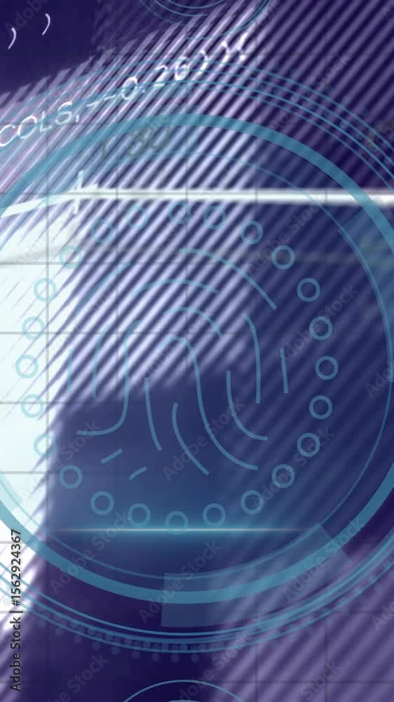 Poster futuristic fingerprint scanning animation over digital interface with data and icons