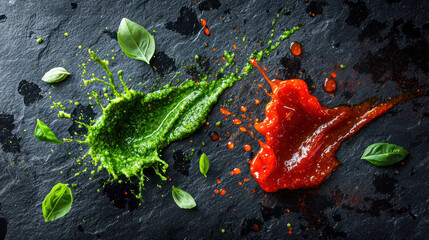 Vibrant green pesto sauce and fiery red sriracha splashing on a matte slate background, adding festive energy and bold textures,