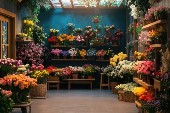 Charming flower shop interior filled with vibrant blooms, showcasing a variety of floral arrangements in a cozy setting during daytime hours