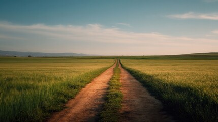 Obraz premium Scenic Dirt Path Through Lush Green Fields Under Blue Sky