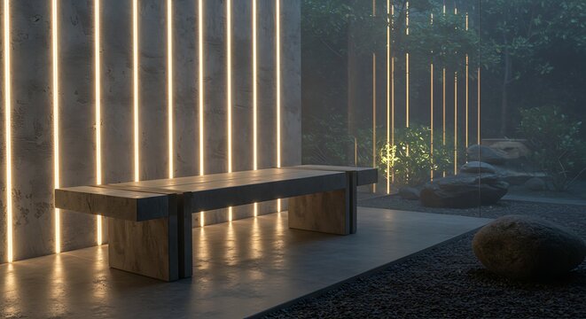 Modern Bench with Glowing Lights in Minimalist Zen Garden