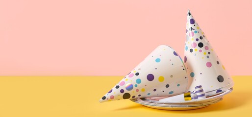 Party hats, plates and whistle on color background with space for text