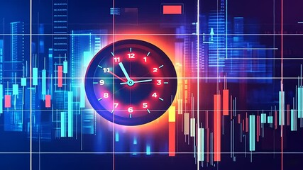 Digital clock overlaying vibrant stock market graph, symbolizing time management in trading - Powered by Adobe