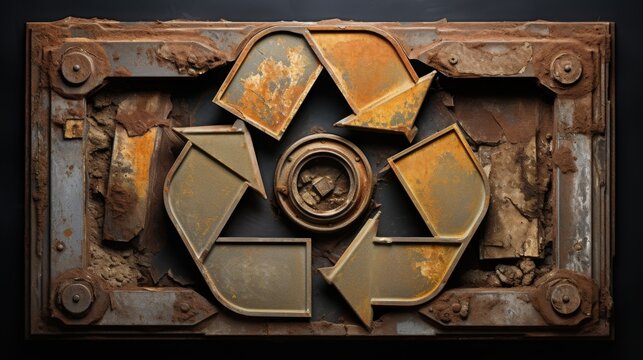 A recycling symbol carved into aged metal rests against a dark surface with rusty rivets, creating a striking contrast that emphasizes the importance of sustainability and creativity.