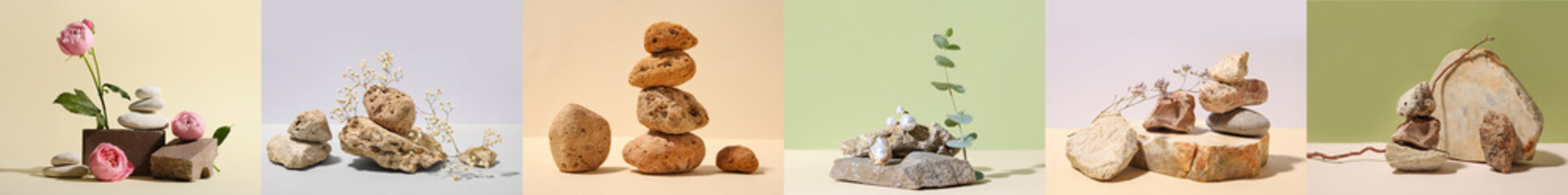 Collage of different stones with jewelry and flowers on color background