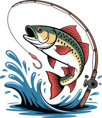 Cartoon illustration of a trout leaping from water while being caught on a fishing rod