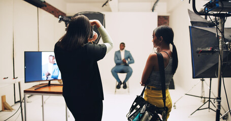 Camera, photography and shooting with people in studio business headshot, about us and profile...
