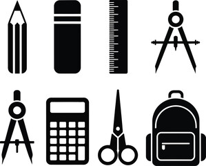 Collection of black school supplies icons including a pencil eraser ruler compass calculator scissors and backpack