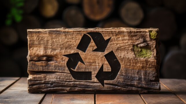 Recycling symbol is intricately carved into wood with rough edges, displayed on a dark wooden surface that highlights the craftsmanship and importance of sustainability.