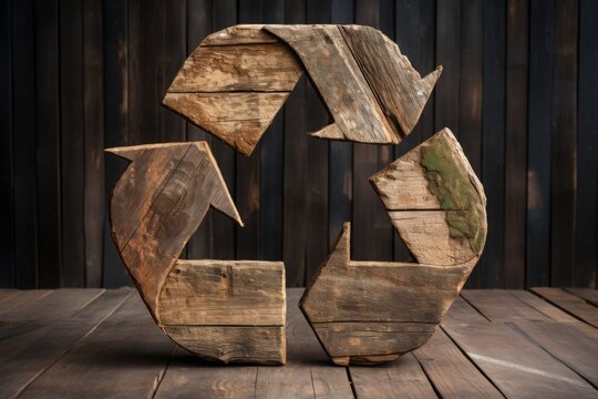 Recycling symbol is intricately carved into wood with rough edges, displayed on a dark wooden surface that highlights the craftsmanship and importance of sustainability.