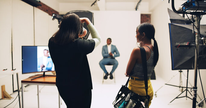 Camera, photography and shooting with people in studio business headshot, about us and profile picture. Professional branding, resume photoshoot and behind the scenes with man on set for production