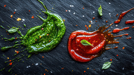 Vibrant green pesto sauce and fiery red sriracha splashing on a matte slate background, adding festive energy and bold textures,