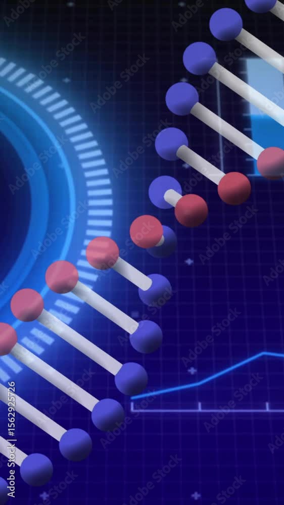 Poster processing scientific data, dna strand and binary coding in animation