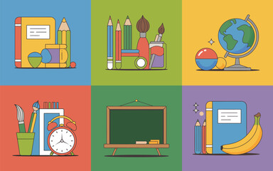 Collection of school supplies and educational items arranged in a grid pattern
