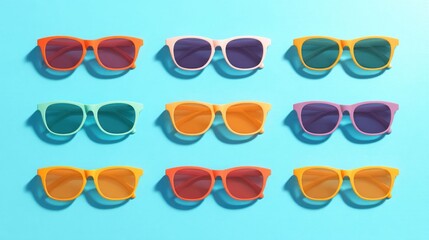 Colorful Sunglasses Arrangement on Bright Blue Background