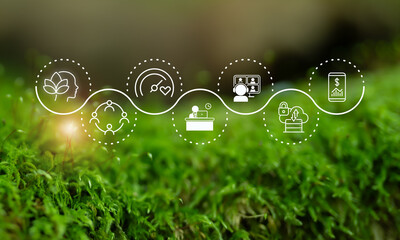 Digital wellbeing in workplace concept. Overlaid with icons representing digital wellbeing,  healthy work-life balance on green blackground. Promoting a healthy relationship with technology.