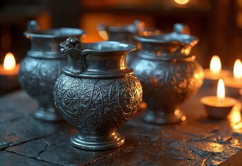 Silver candle holder art scene