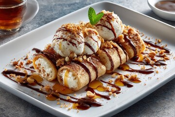 Delicious dessert of crepes with ice cream