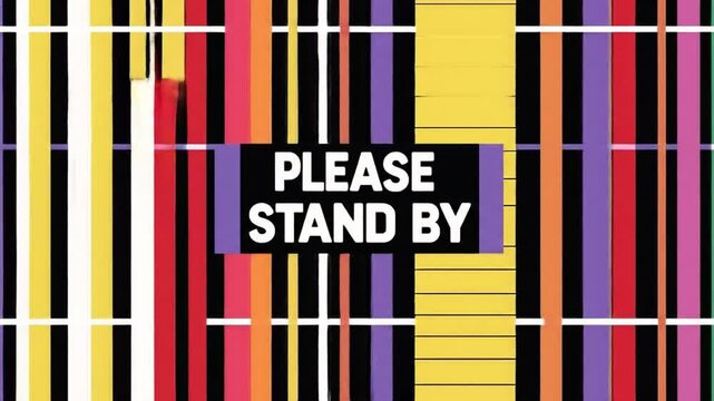 A retro television test pattern screen features bright vertical color bars in a flat graphic design