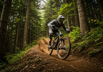 bike in the woods,Mountain biker riding on a dirt trail through a forest.
