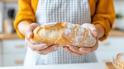 Female baker in apron holding freshly baked artisan bread in kitchen