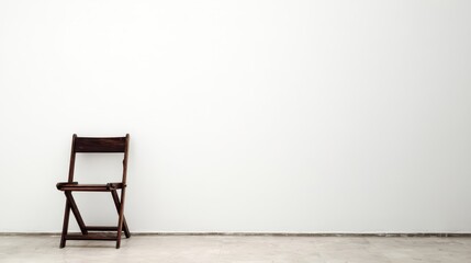 Wooden folding chair against a white wall.