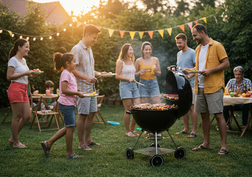 barbecue in the garden,Friends and family having a vibrant backyard barbecue party. - Powered by Adobe