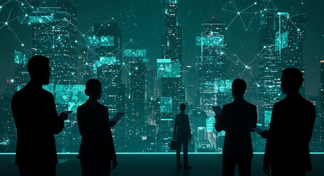 Silhouetted business people observing a futuristic cityscape with digital connections. - Powered by Adobe