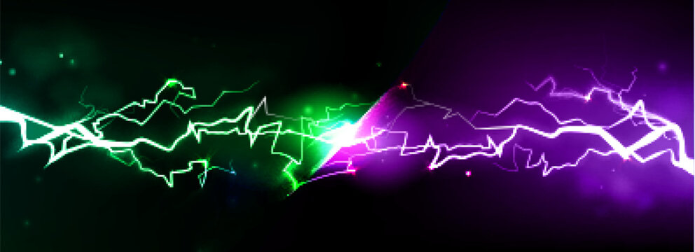 Electric vs thunder battle with purple lightning bolts clashing against green energy streams with glowing sparks. Dramatic light collision, dark bg for gaming competition, confrontation visual effect