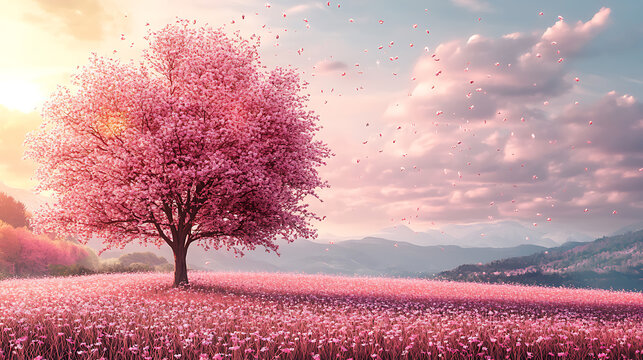 Pink blossom tree in dreamy landscape with petals falling gentle floral scene amidst mountains and cloudy sky evoking serenity and peaceful springtime nature setting
