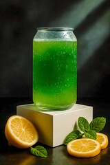 Refreshing green citrus drink with lemon slices and mint leaves